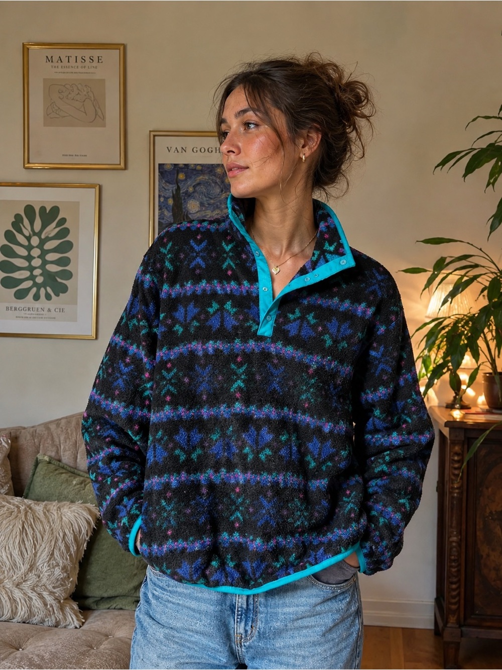 Vintage L.L. Bean Women’s Black Patterned Snap-Front Fleece Pullover